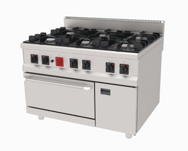 Range, Gas, 4 Burners, on Cupboard and GN2/1 Oven