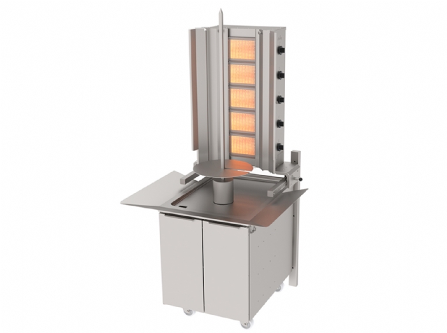 Doner Kebab Cooker, Gas, Bottom Motor Rotater, Wall  Mounted, Mobile Cupboard, 5 Burners