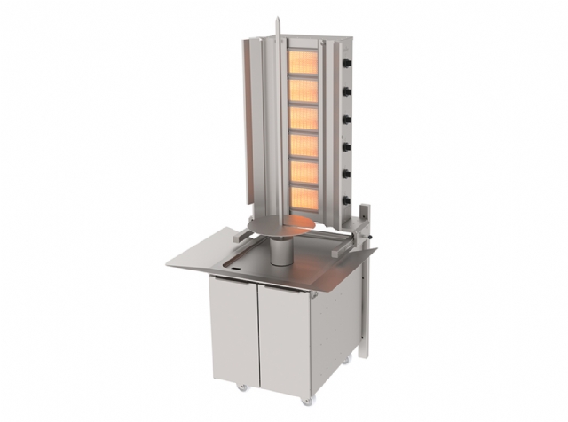 Doner Kebab Cooker, Gas, Bottom Motor Rotater, Wall  Mounted, Mobile Cupboard, 6 Burners